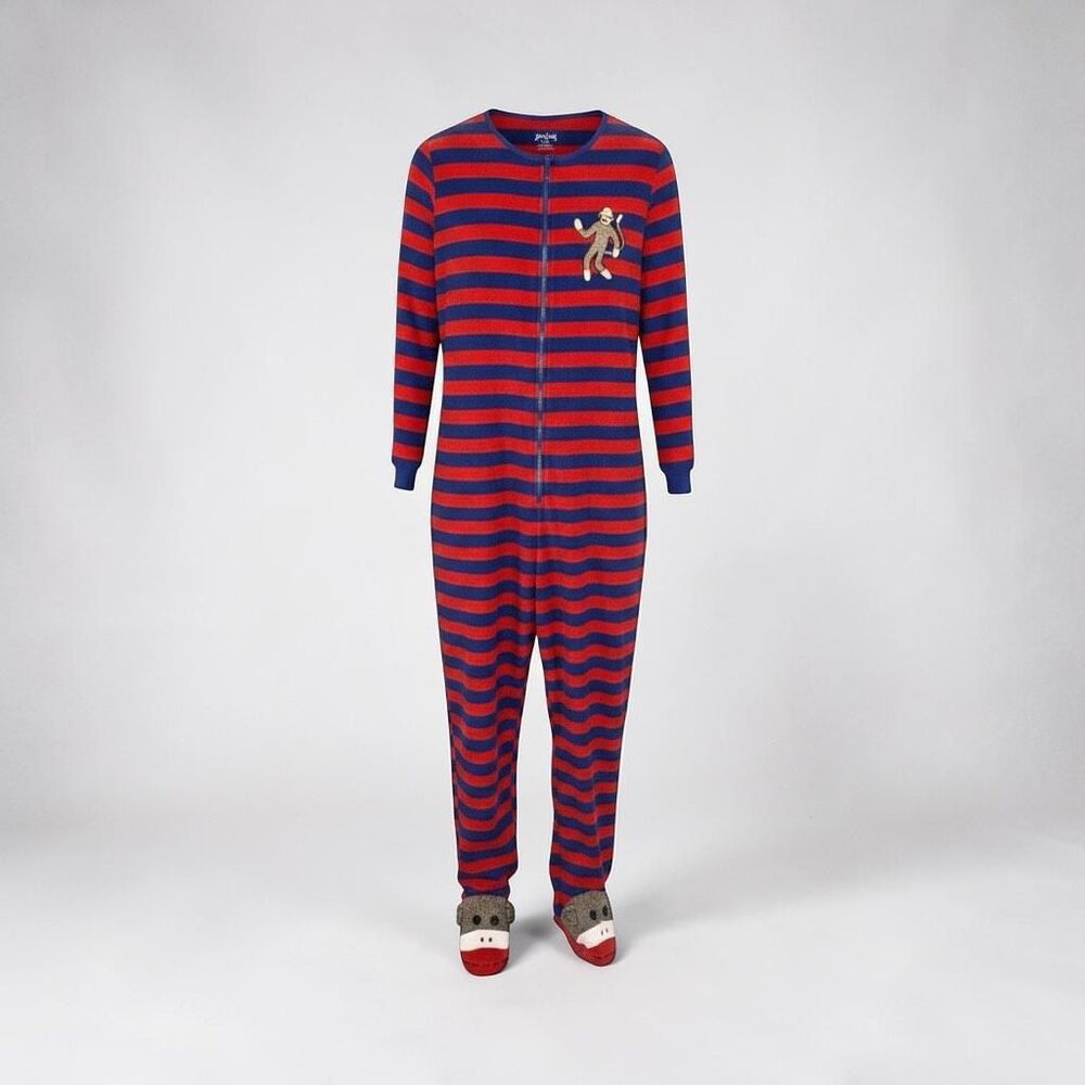 Nick & Nora Fleece Sock Monkey Zip Up Pajama Jumpsuit - Unisex Size M